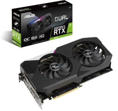 ASUS Video Card Dual GeForce RTX 3070 V2 OC Edition 8GB GDDR6 with LHR, PCI Express 4.0, OC Mode - 1800 MHz (Boost Clock), Gaming Mode - 1770 MHz (Boost Clock), 256-bit, Yes x 2 (Native HDMI 2.1), Yes